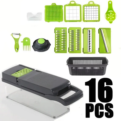 16-piece kitchen tool set with a mandoline slicer and various attachments on a white background.