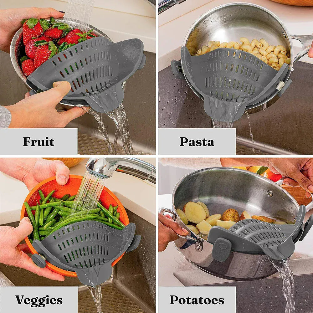 Snap & Strain Hands-Free Silicone Colander – Anti-Spill Kitchen Strainer for Pasta, Noodles & Vegetables.