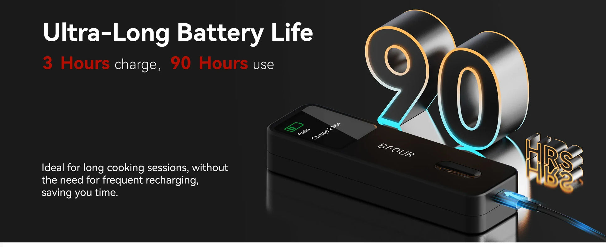 Bipolar device with charging cable, highlighting ultra-long battery life on a black background.