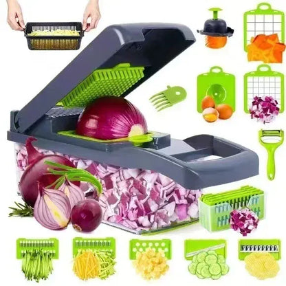 Multifunctional kitchen tool with various attachments for cutting vegetables.