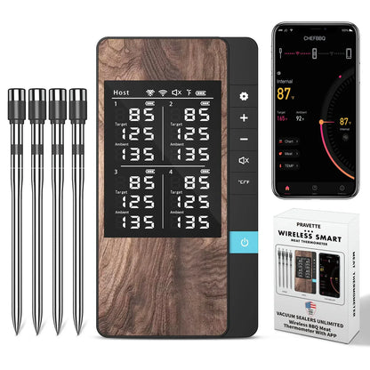 Digital thermometer with wooden finish, smartphone app, and packaging on a white background