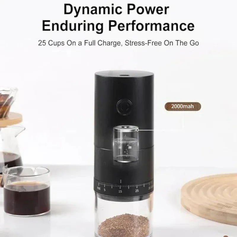 Black coffee grinder with 2000mAh label on a white background, next to a glass of coffee.