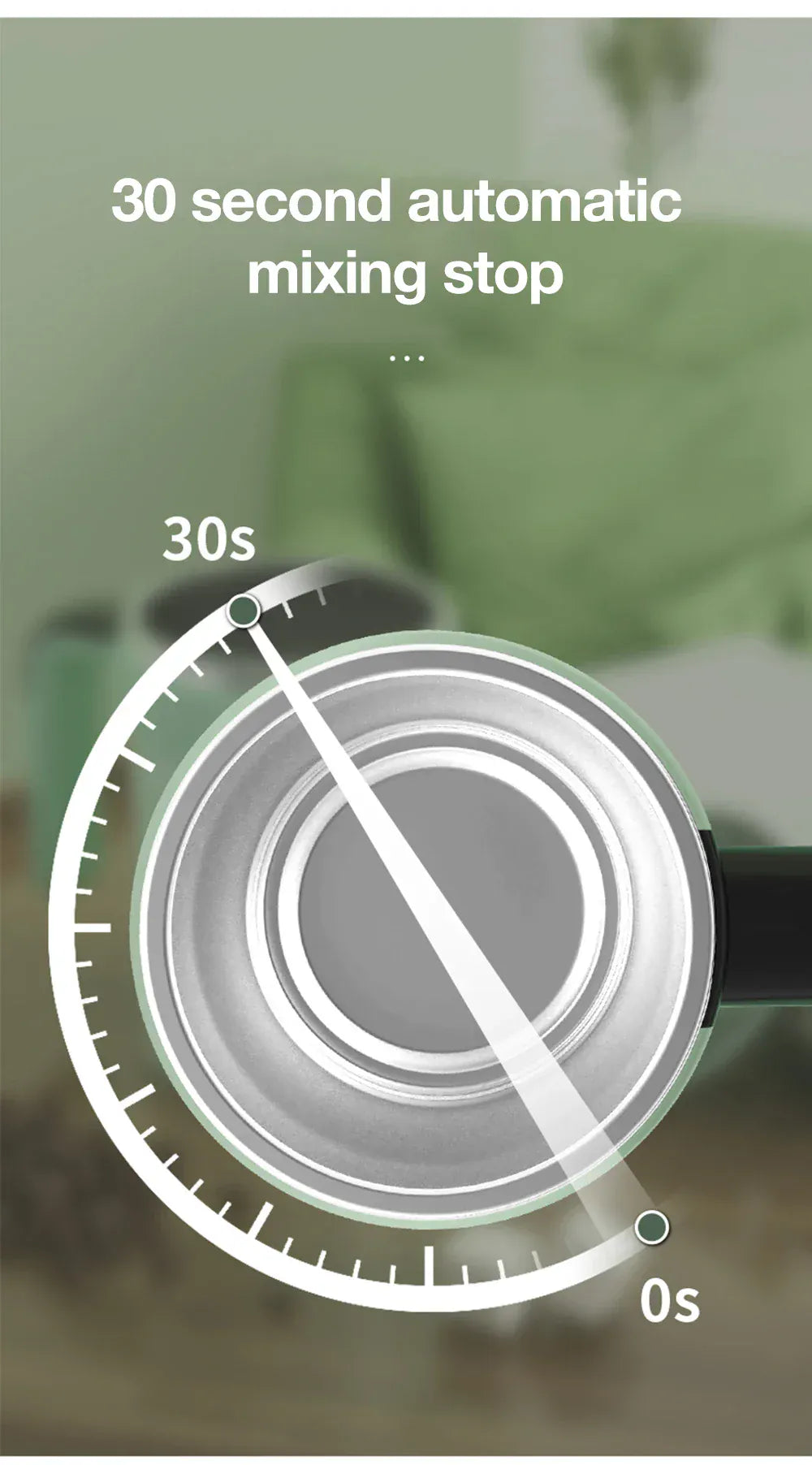 Timer with 30-second automatic mixing stop feature on a blurred kitchen background