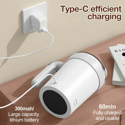 White charging cable and adapter on a wooden surface with text about Type-C efficient charging.