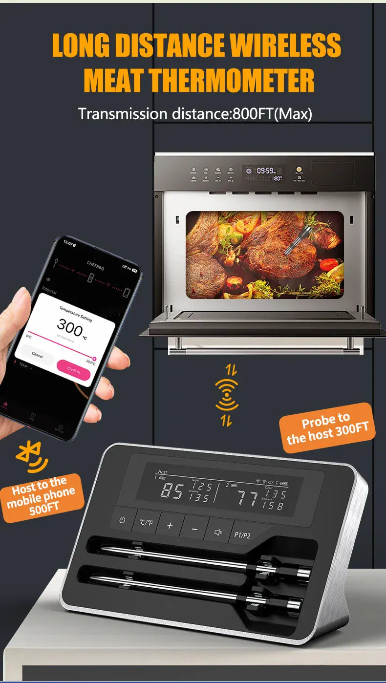 Long-distance wireless meat thermometer with smartphone app and oven display.