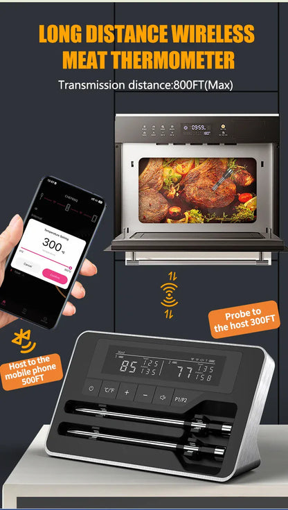 Long-distance wireless meat thermometer with smartphone app and oven display.