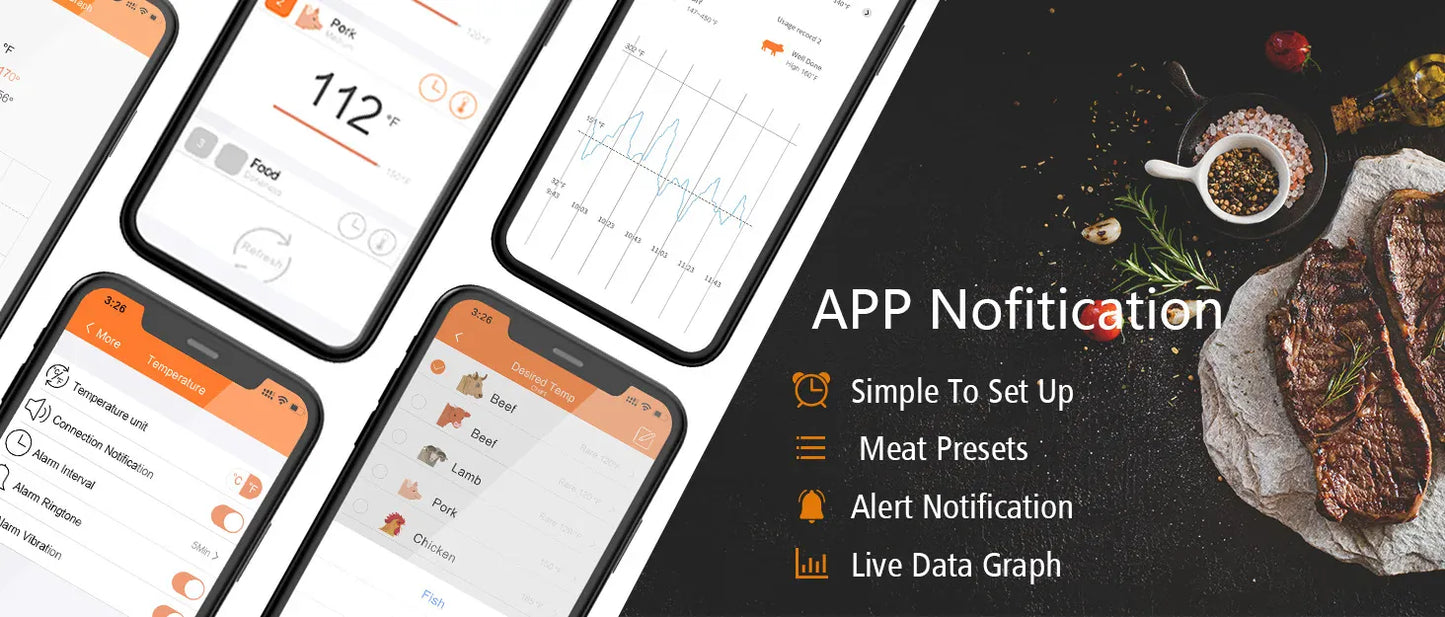 App notification interface with smartphone screens and steak on a black background