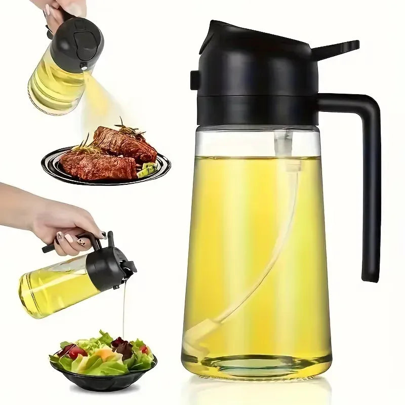 Glass oil dispenser with black cap being used to drizzle oil over food