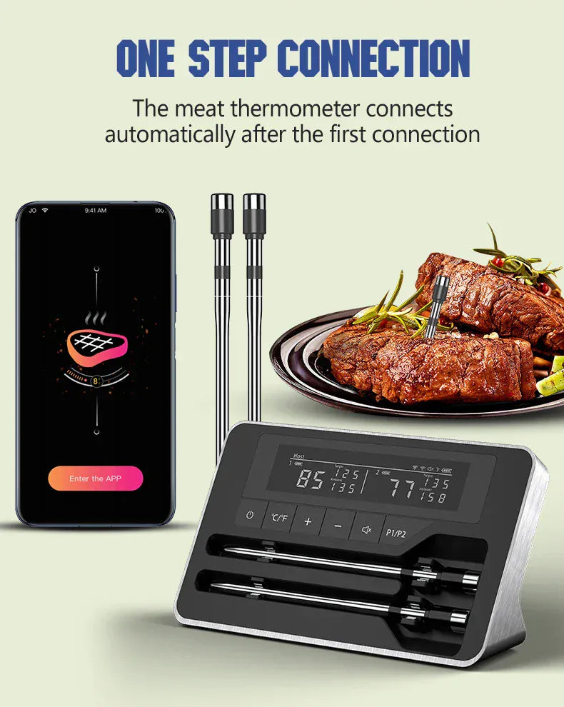 Smart meat thermometer with smartphone app on a light green background