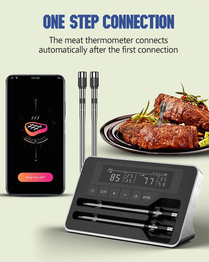 Smart meat thermometer with smartphone app on a light green background