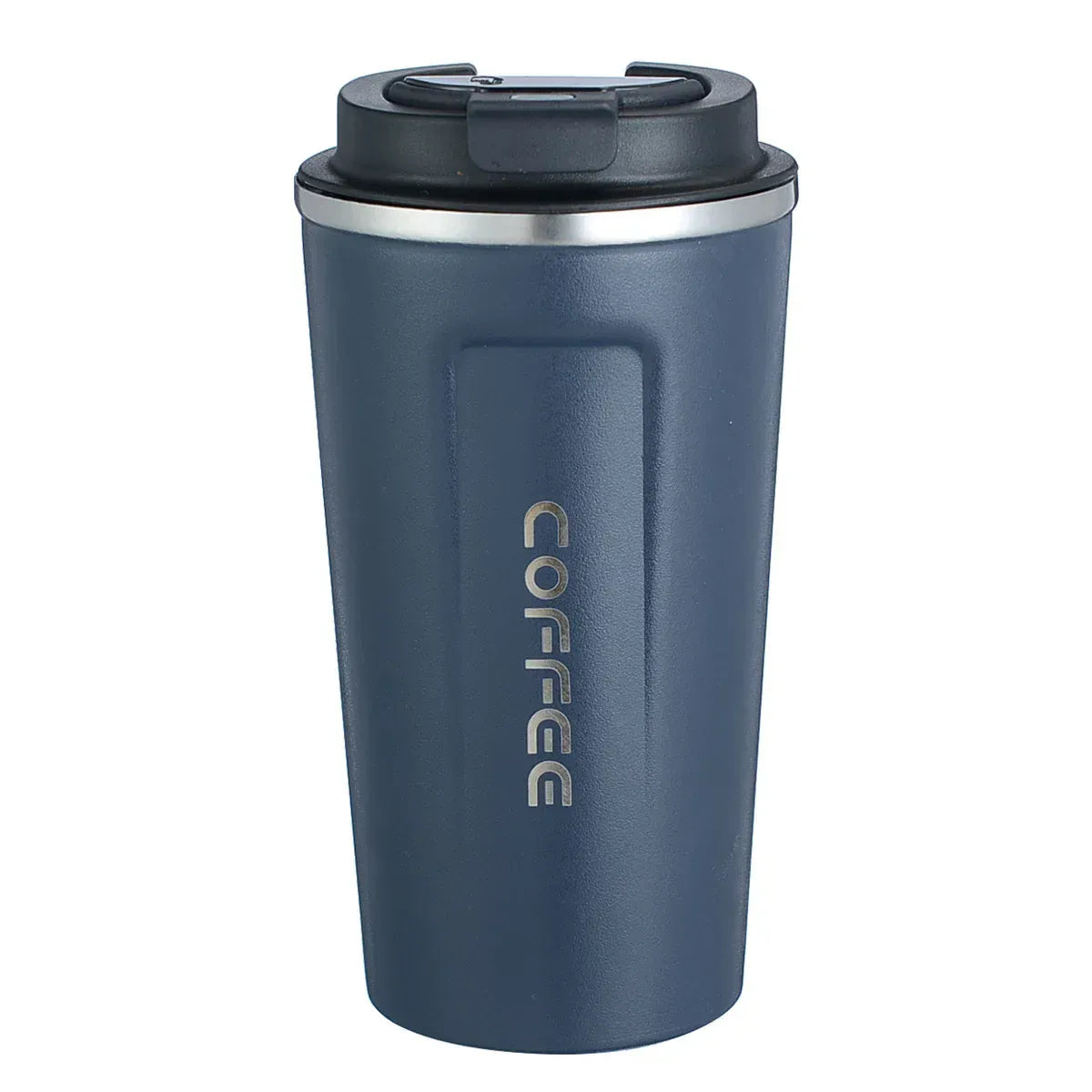 Blue travel mug with 'COFFEE' text on a white background