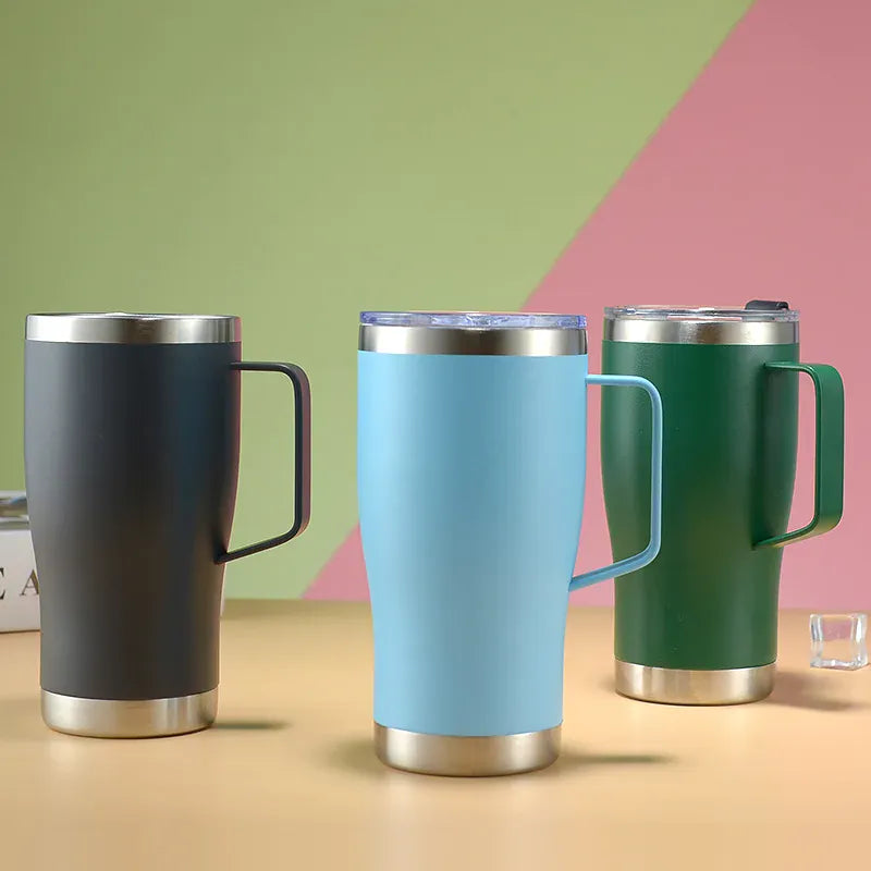 Three insulated travel mugs in black, blue, and green on a colorful background