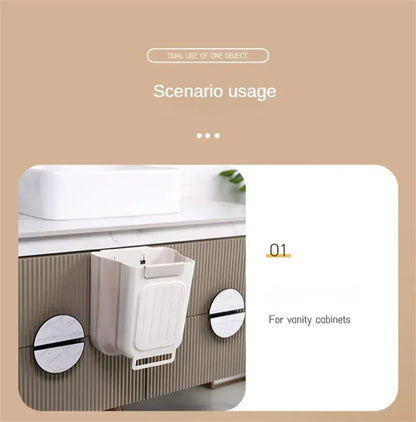 No-Bend Hanging Kitchen Trash Can – Foldable 9L Waste Bin for Cabinet Doors.