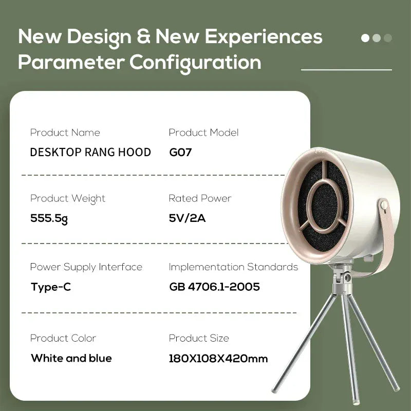 Desktop range hood with technical specifications on a green background