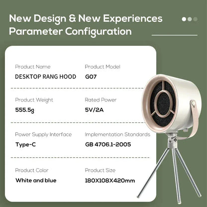 Desktop range hood with technical specifications on a green background