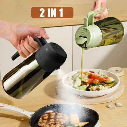 Two kitchen tools being used for cooking, one for oiling a dish and the other for frying.