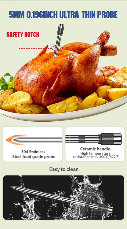Roasted chicken with a 5mm ultra-thin probe and safety notch on a plate, with product details below.