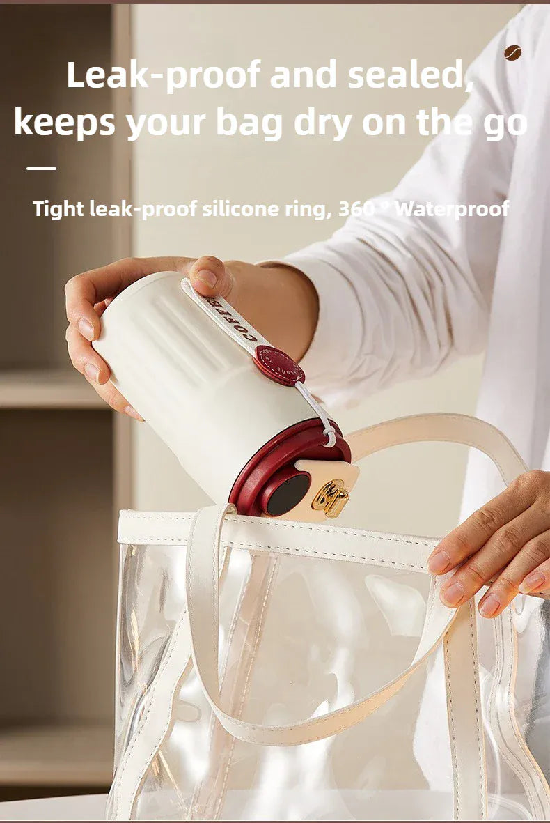 Person holding a clear bag with a red and white container, featuring text about leak-proof and sealed design.