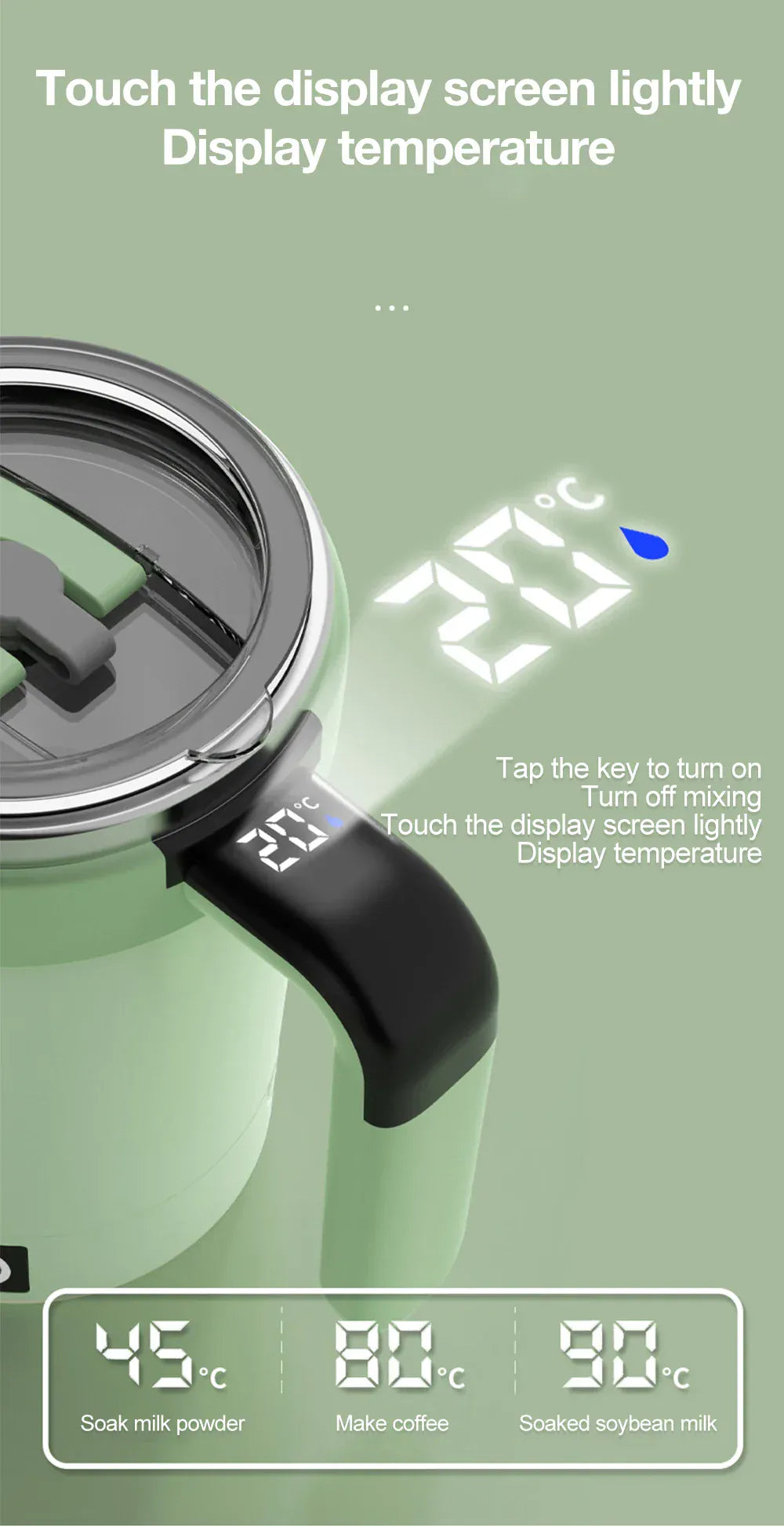 Smart mug with digital display showing temperature and other functions on a green background