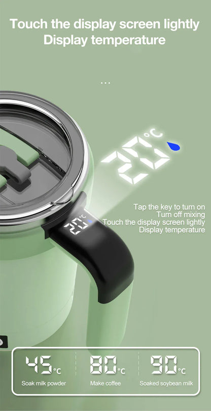 Smart mug with digital display showing temperature and other functions on a green background