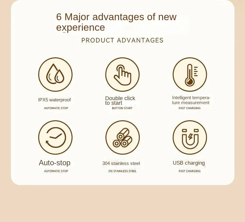 List of 6 major advantages of a product on a beige background