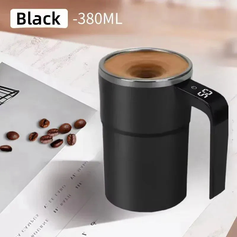Black mug with wooden interior on a surface with coffee beans and a blurred background