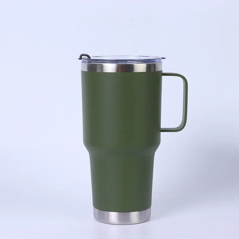 Green insulated mug with a handle on a white background
