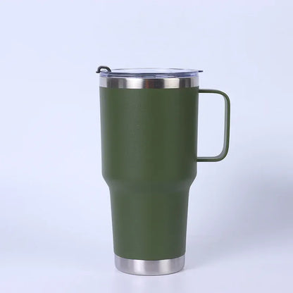 Green insulated mug with a handle on a white background