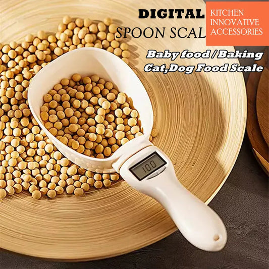 Digital spoon scale with a bowl of beans on a wooden surface, labeled for kitchen use.
