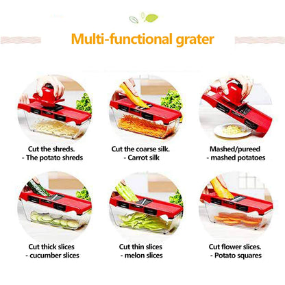 Multi-functional grater with various uses shown on a white background