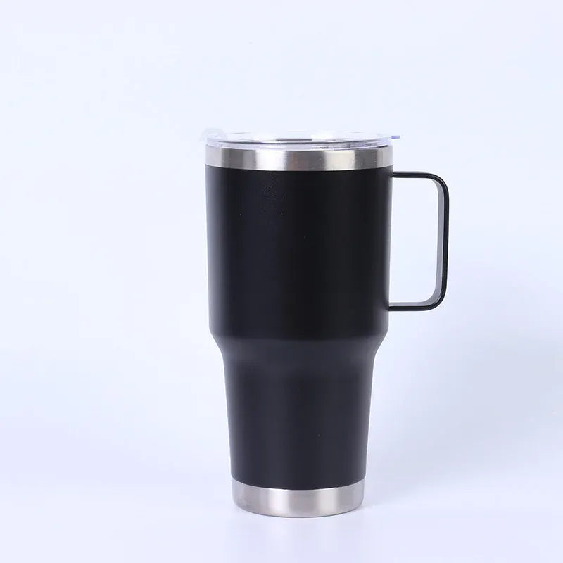 Black insulated mug with a handle on a white background
