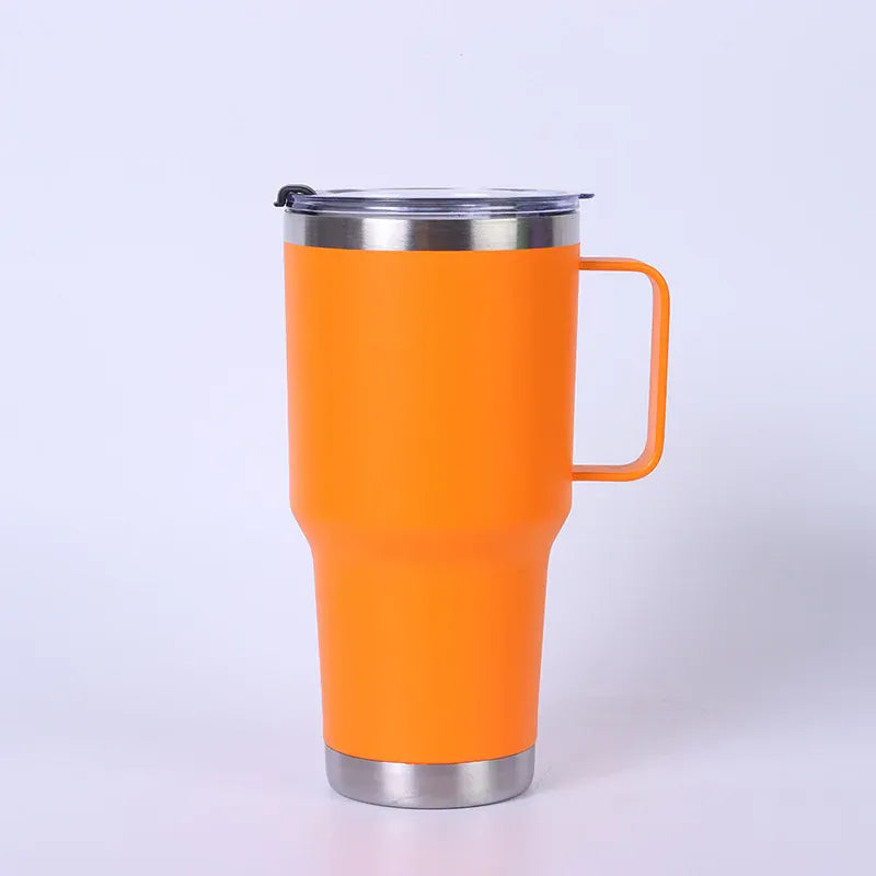 Orange insulated mug with a handle on a white background
