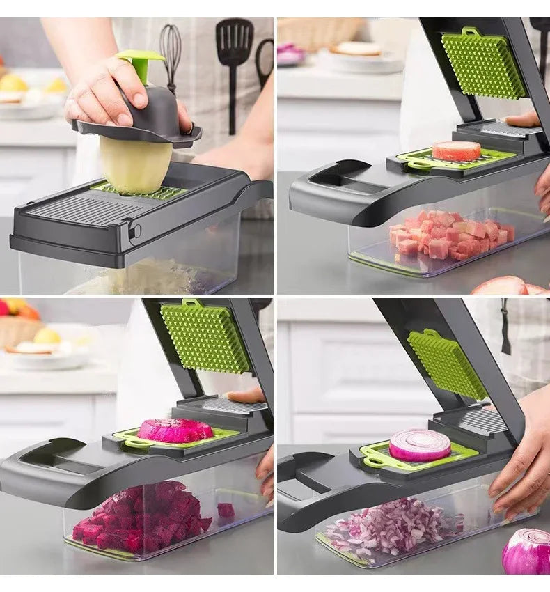 Multifunctional kitchen tool being used to slice vegetables on a kitchen counter.