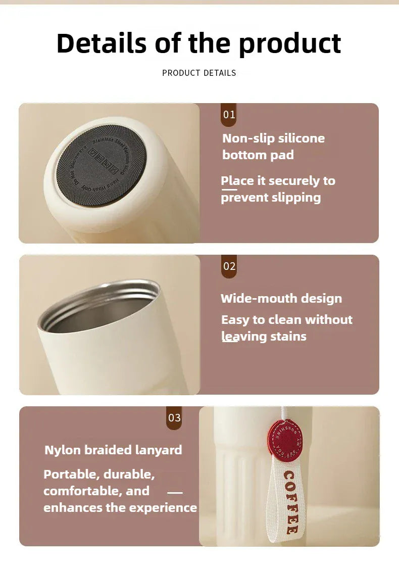 Product details of a container with features like non-slip silicone bottom pad, wide-mouth design, and nylon braided lanyard.