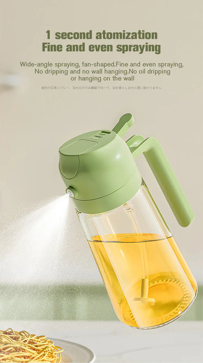Green spray bottle with yellow liquid on a light background