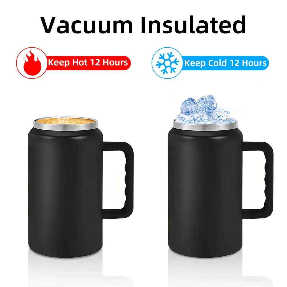 Two black vacuum insulated mugs with handles, one showing hot liquid and the other showing cold ice cubes.