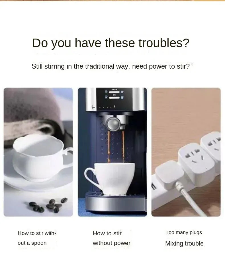 Promotional graphic for a coffee machine with text and images of a spoon, coffee machine, and power outlets.
