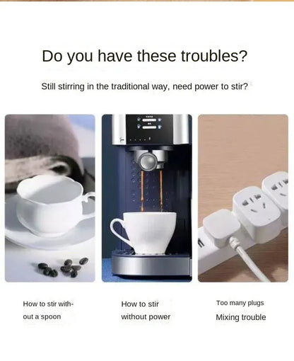 Promotional graphic for a coffee machine with text and images of a spoon, coffee machine, and power outlets.