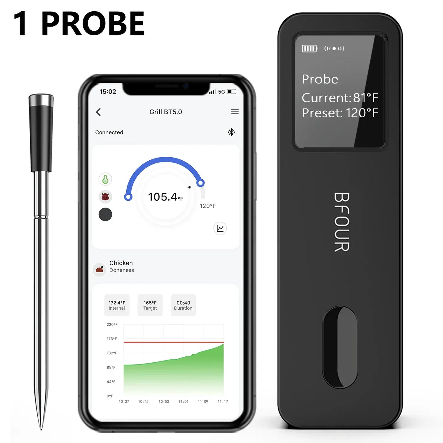 Black temperature probe with smartphone app interface and 'Bfour' branding on a white background