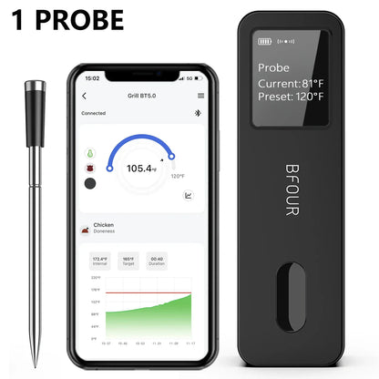 Black temperature probe with smartphone app interface and 'Bfour' branding on a white background