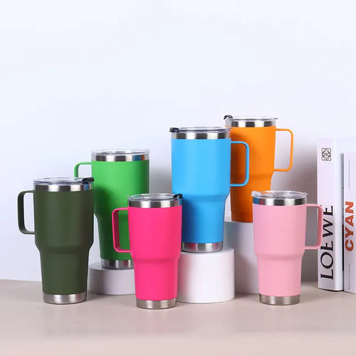 Set of colorful travel mugs with metal handles on a white background