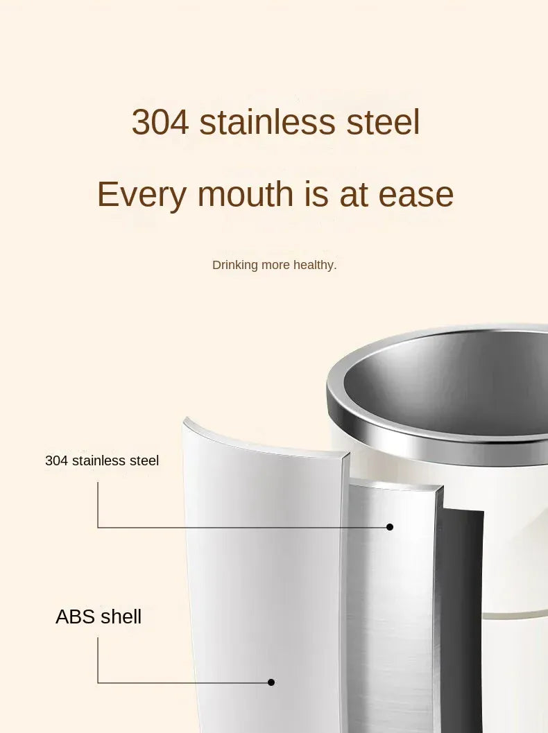 Stainless steel container with text highlighting material and benefits on a beige background