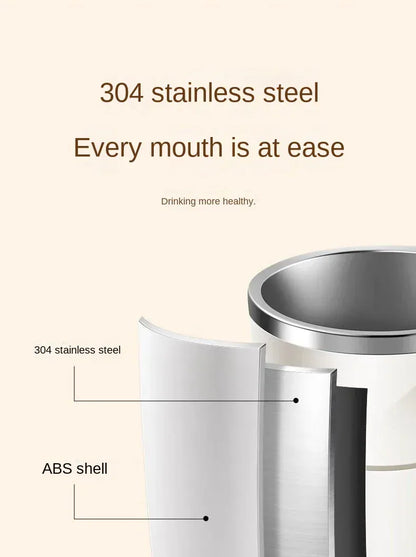 Stainless steel container with text highlighting material and benefits on a beige background
