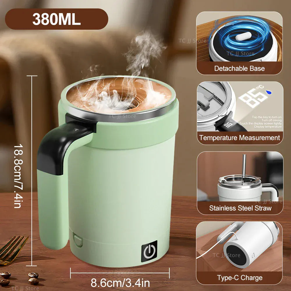 Green thermos mug with steam, features on a wooden surface