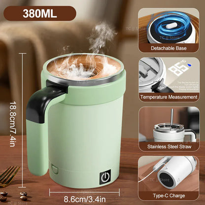 Green thermos mug with steam, features on a wooden surface