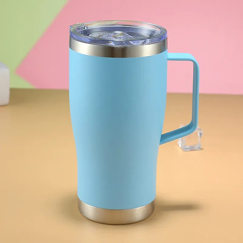 Blue insulated mug with a handle on a colorful background