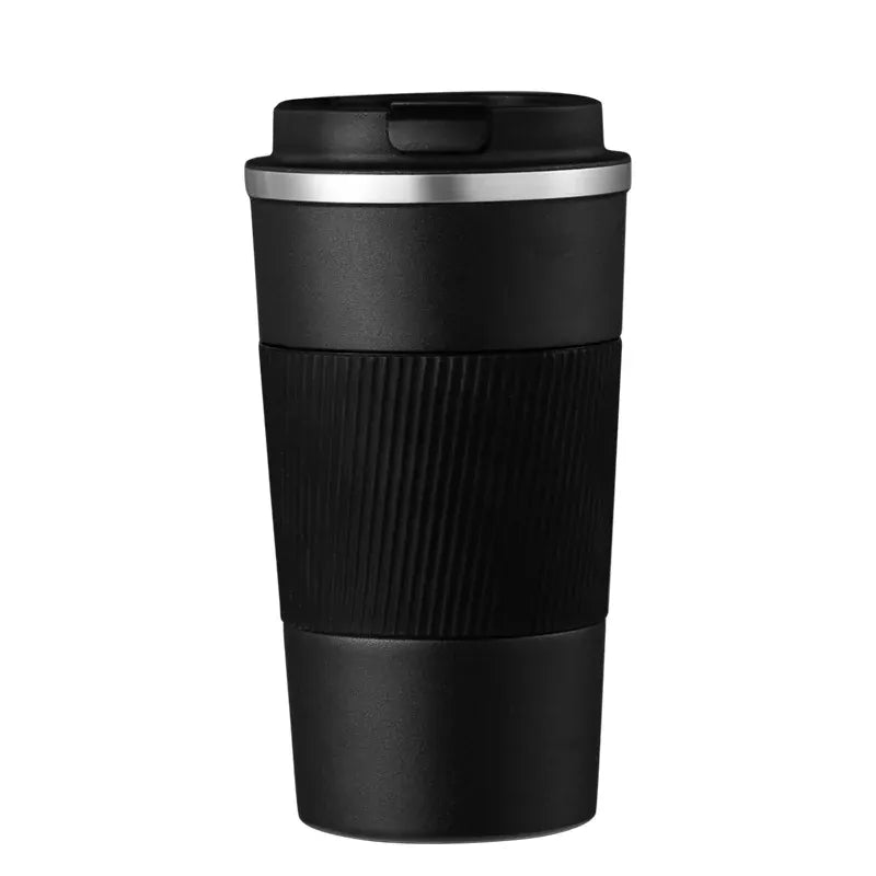 Black travel mug with a silver rim on a white background