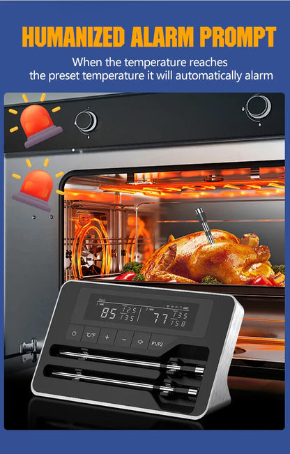Oven with a digital thermometer displaying temperature, with text about humanized alarm prompt.