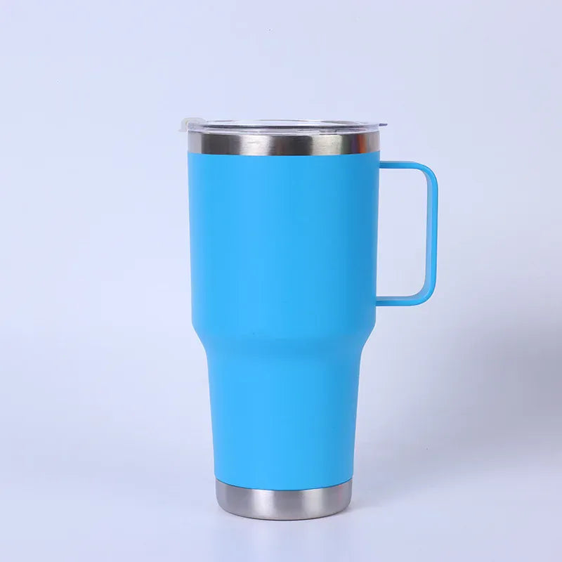 Blue insulated mug with a handle on a light purple background