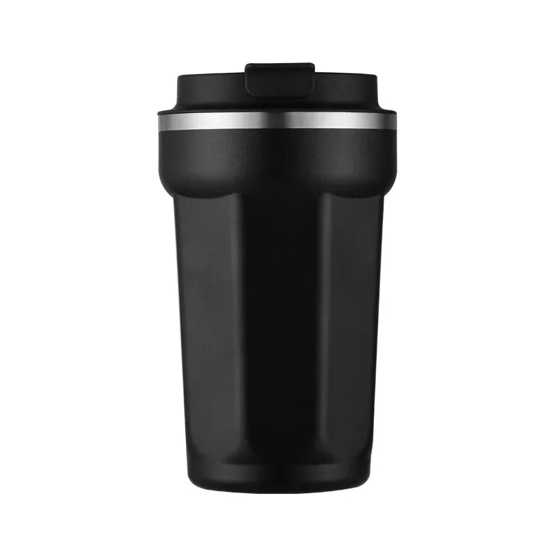 Black insulated travel mug with a silver rim on a white background